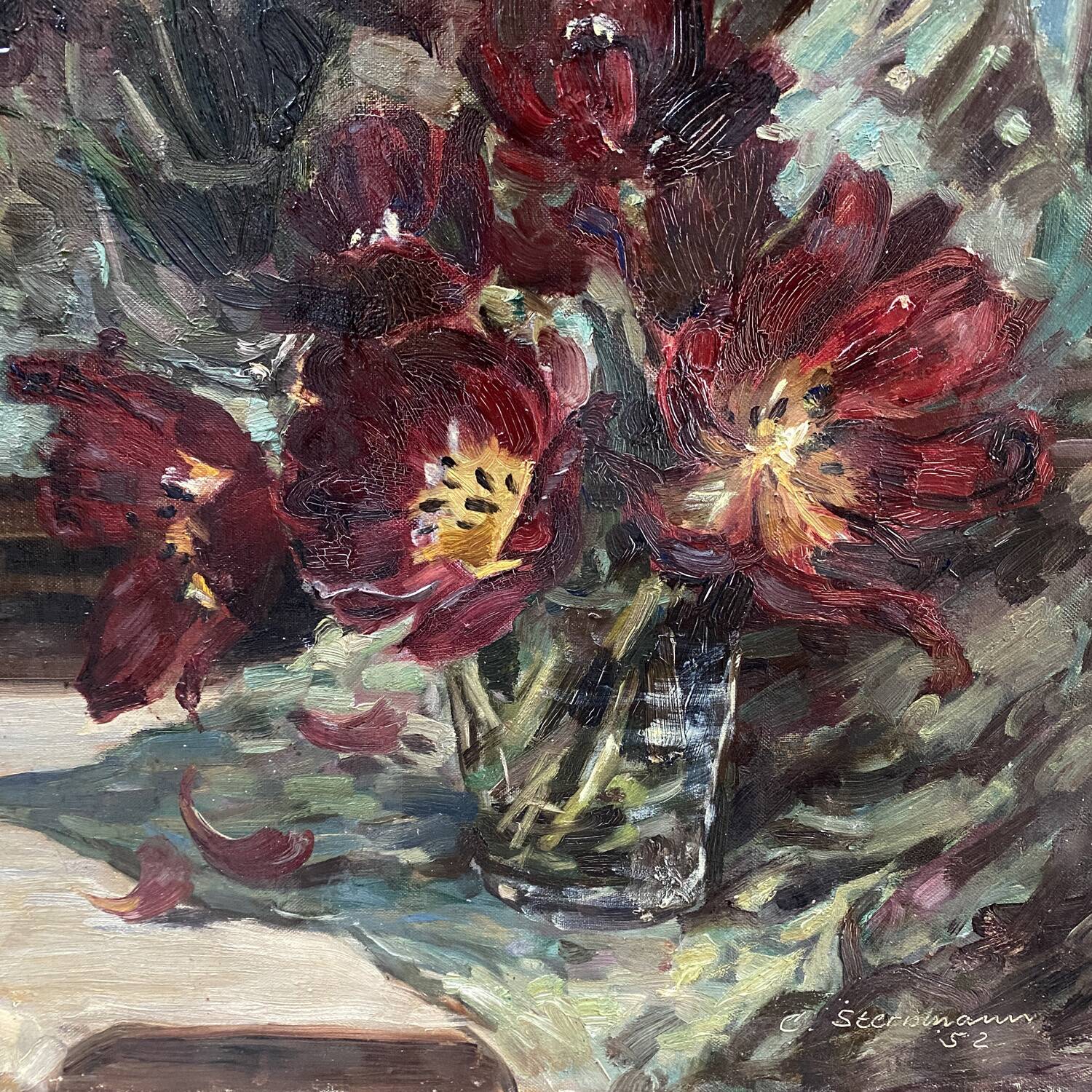 Painting 1952 "Bouquet with mirror signed Stermann