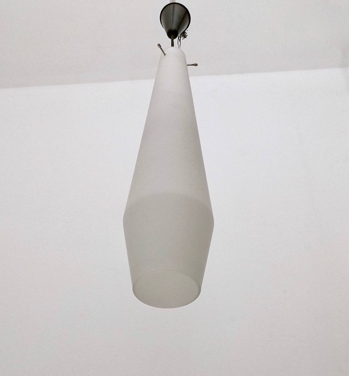 Large Vintage White Encased Glass and Brass Pendant by Stilnovo, Italy