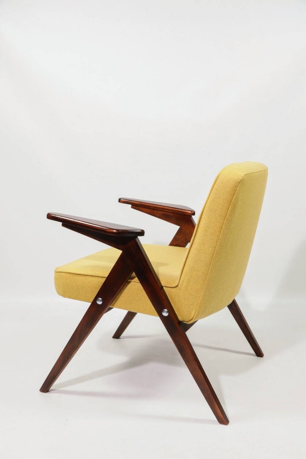 Vintage armchair Scandinavian design yellow wool fabric design by Chierowski