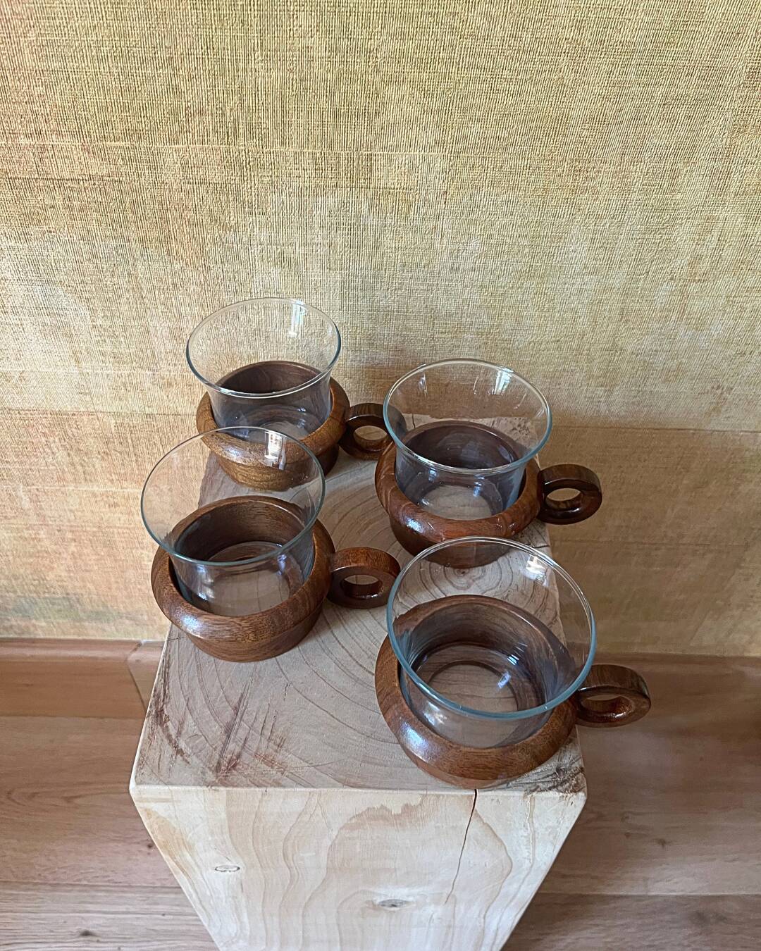 4 vintage Schott Mainz Jeanner cups – glass & teak – 1960/70