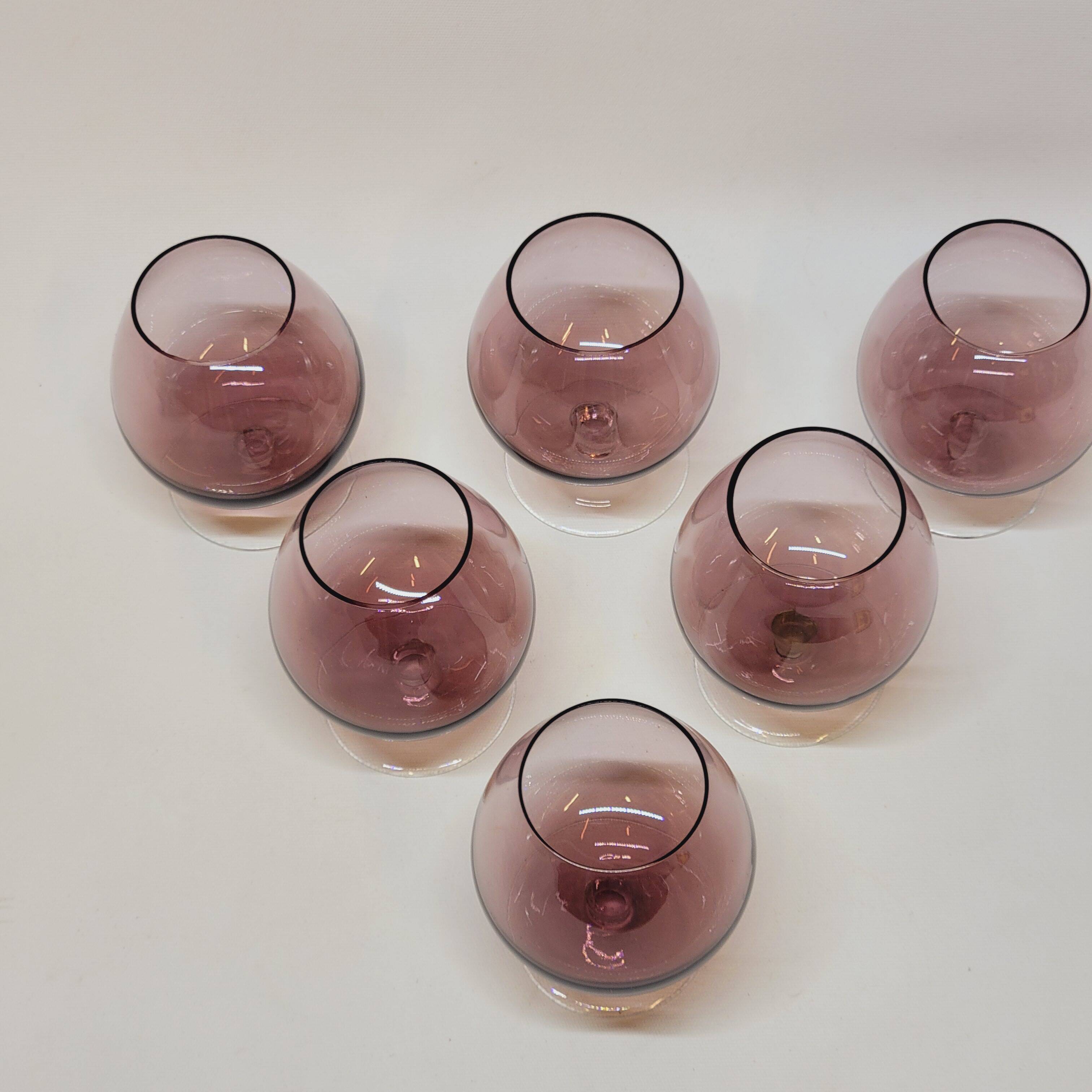 6 Antique Plum-Colored Crystal Cognac Glasses