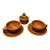 Paire tasses à déjeuner et sucrier faïence vernissée