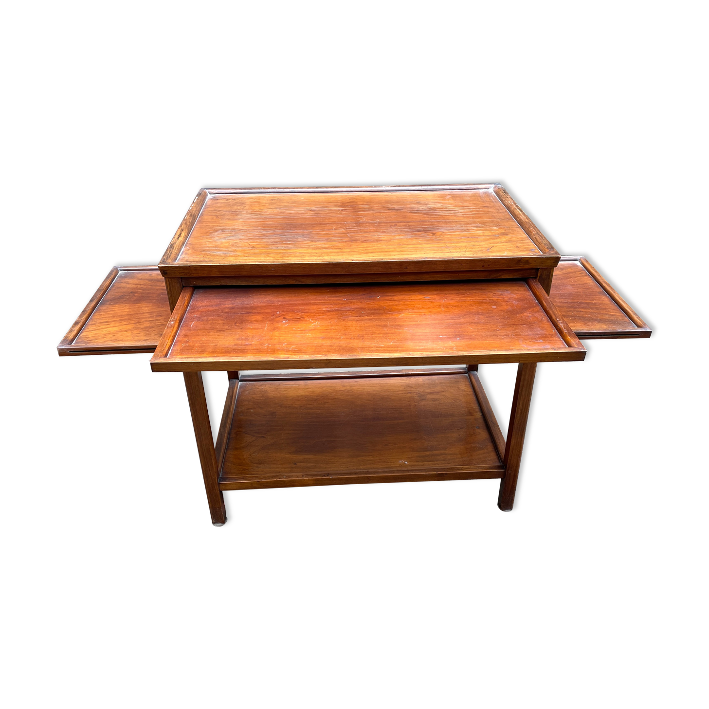 Side table / cherry tree service with 3 sliding shelves.