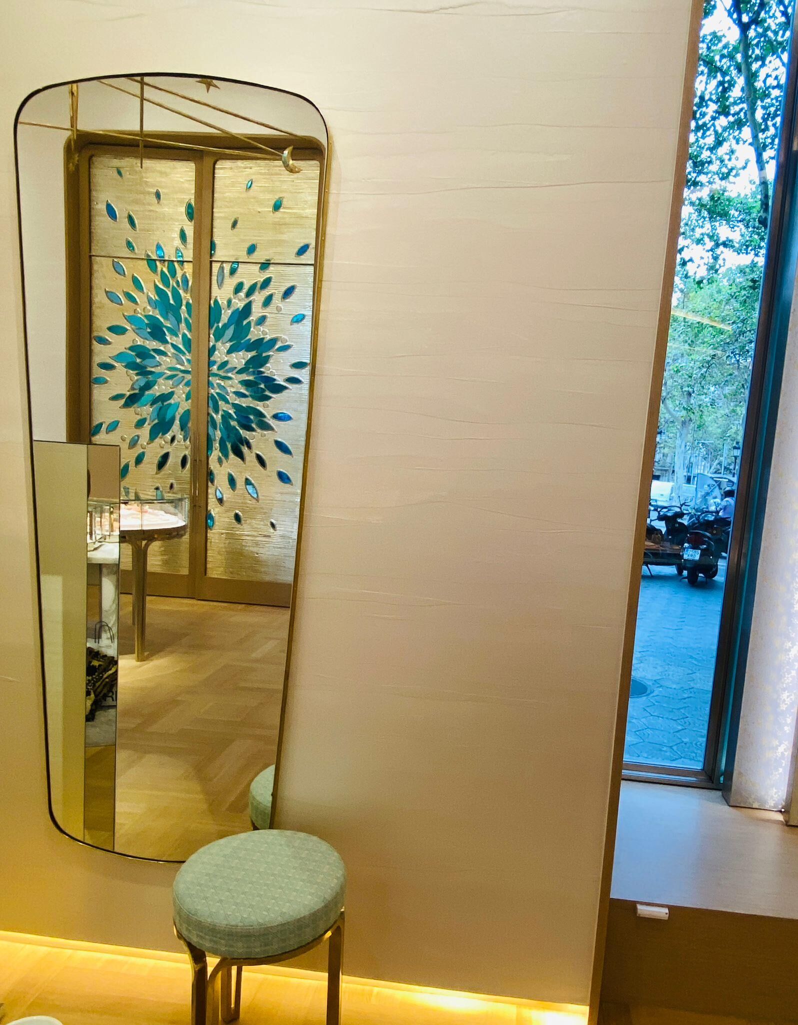 Medium Rectangular Mirror Mid-Century Style Rounded Edges and Embossed Brass Frame