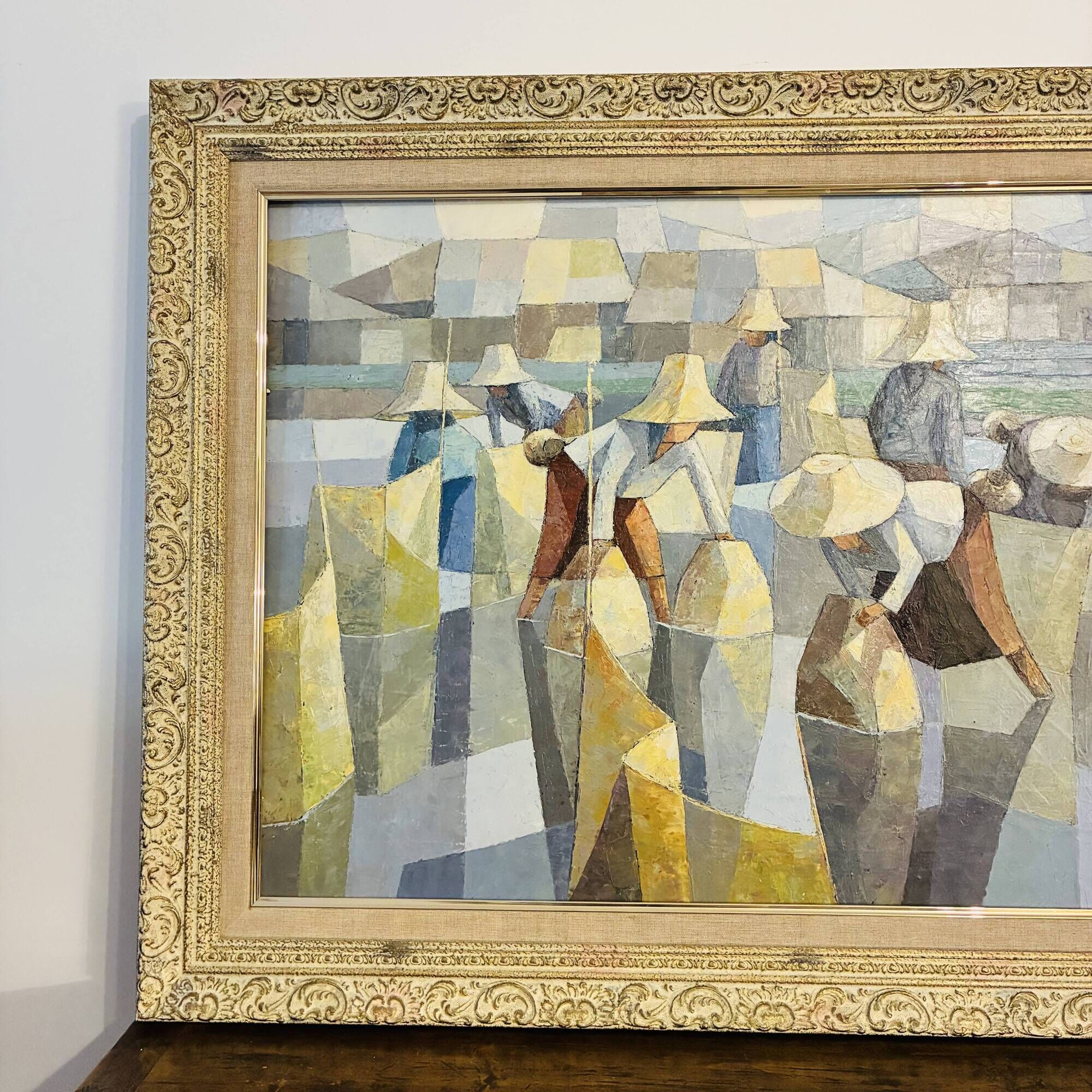 Cubist Oil on Canvas Tableau Rural Scene Asia Saard Thanomwong Signed