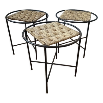 Three 1950 metal and rope stools