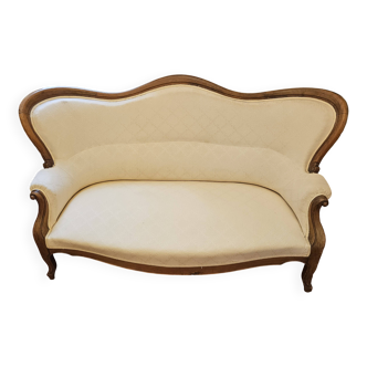 Louis Philippe Sofa in Walnut Wood with Ecru White Upholstery