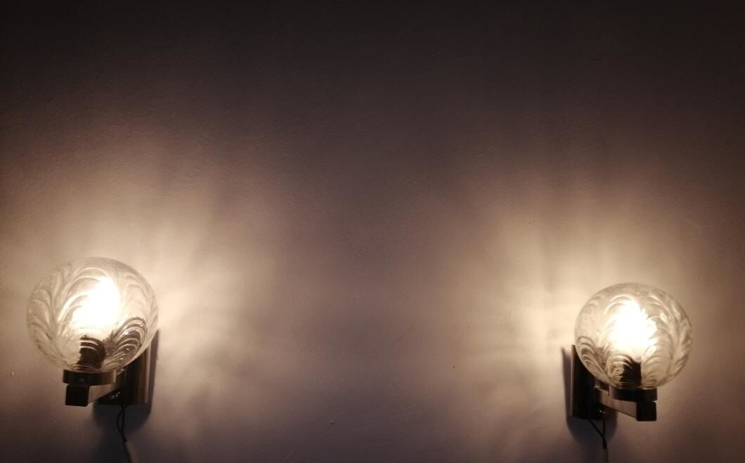 Pair of wall lamps 70 Italy chrome and pressed molded glass