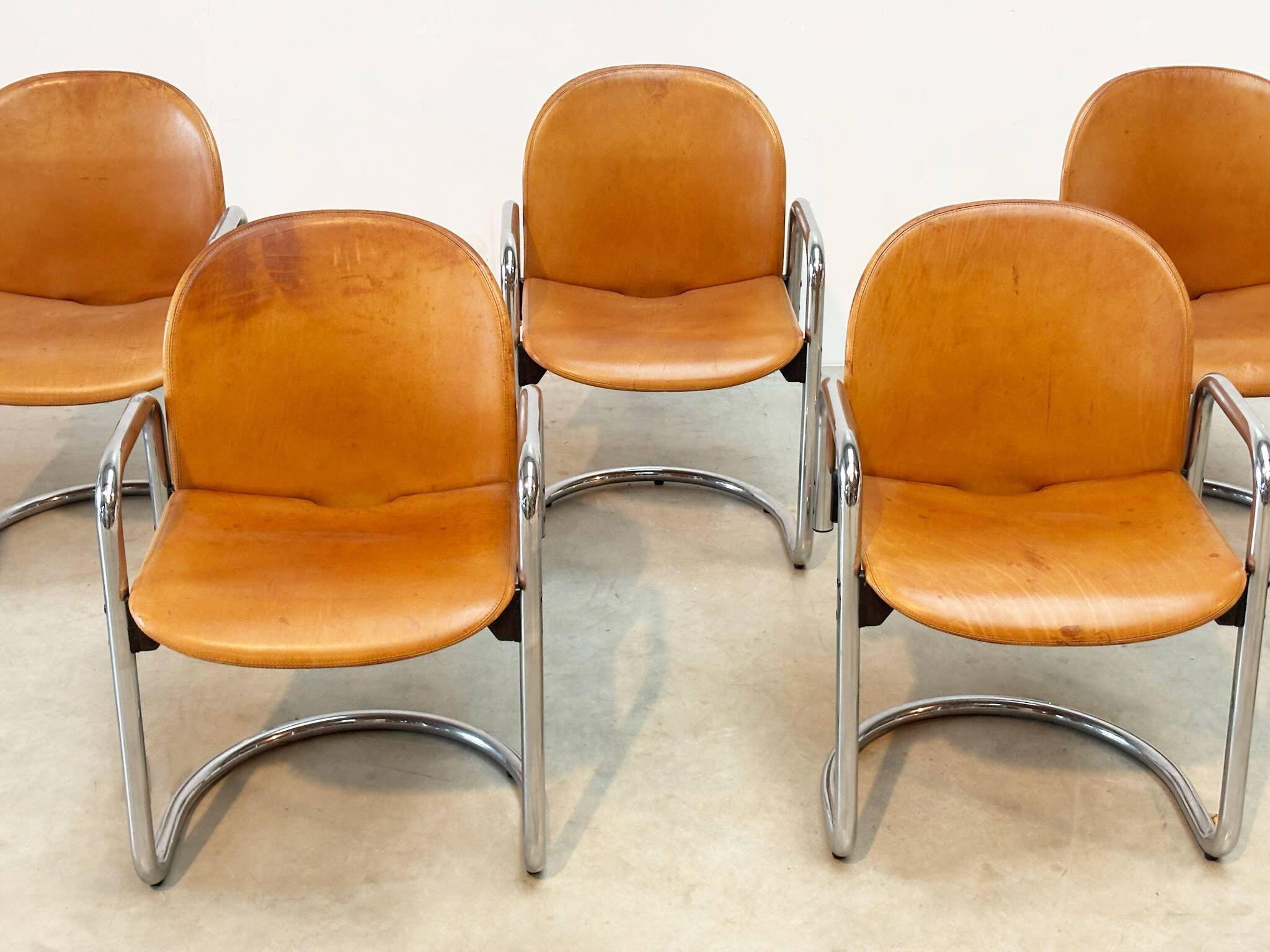 Set of eight cognac leather Dialogo Dessau dining chairs by Afra E Tobia Scarpa