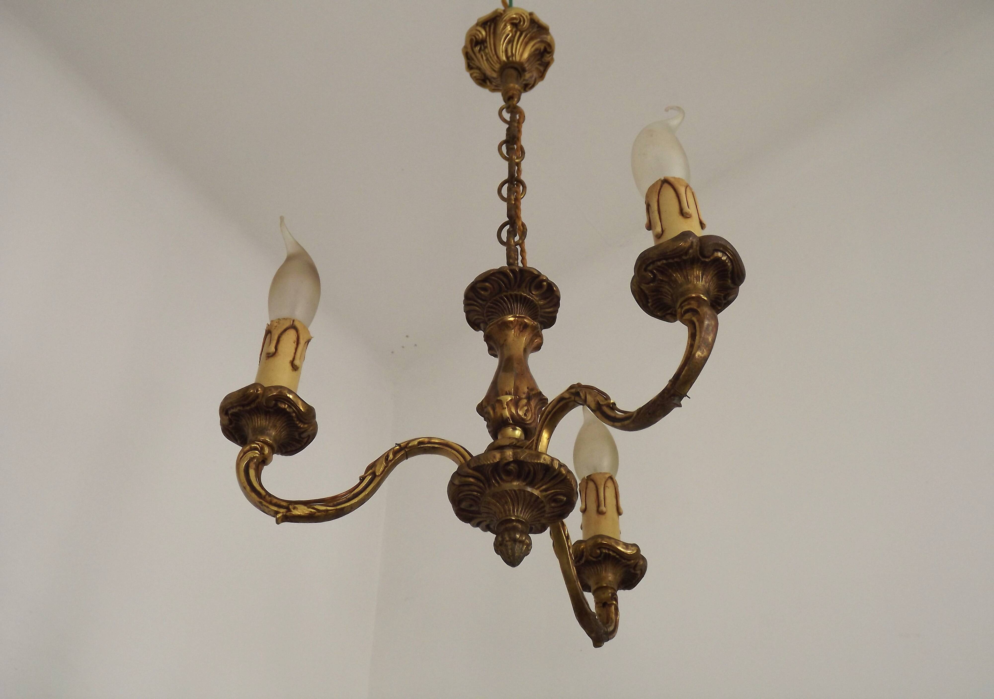 French Antique Art Nouveau Style 3-Light Quality Bronze Chandelier