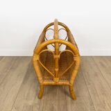 Vintage caramel-colored bamboo and rattan magazine rack