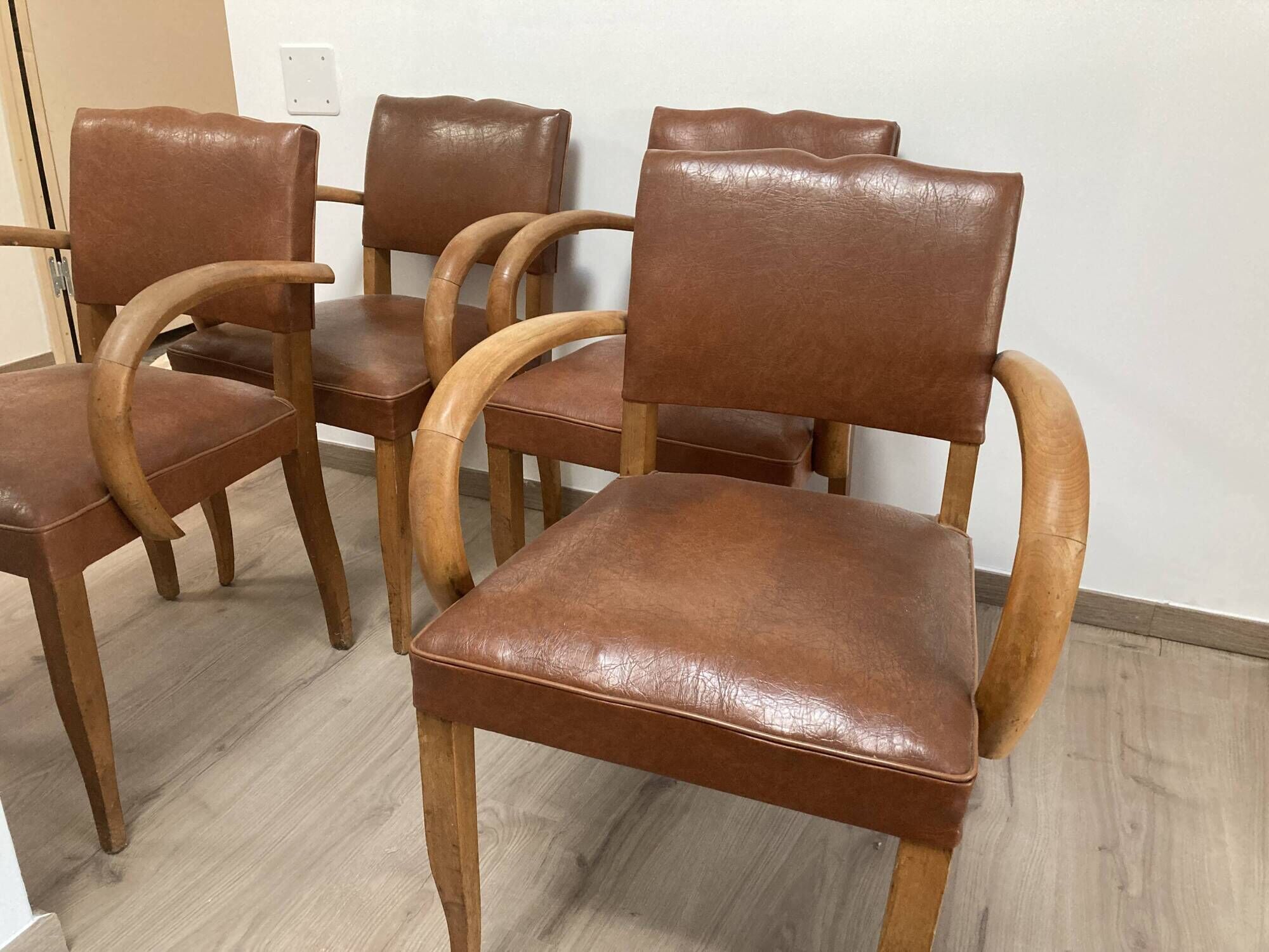 Set of 4 armchairs bridge leather and wood called "moustache" style art deco circa 1940