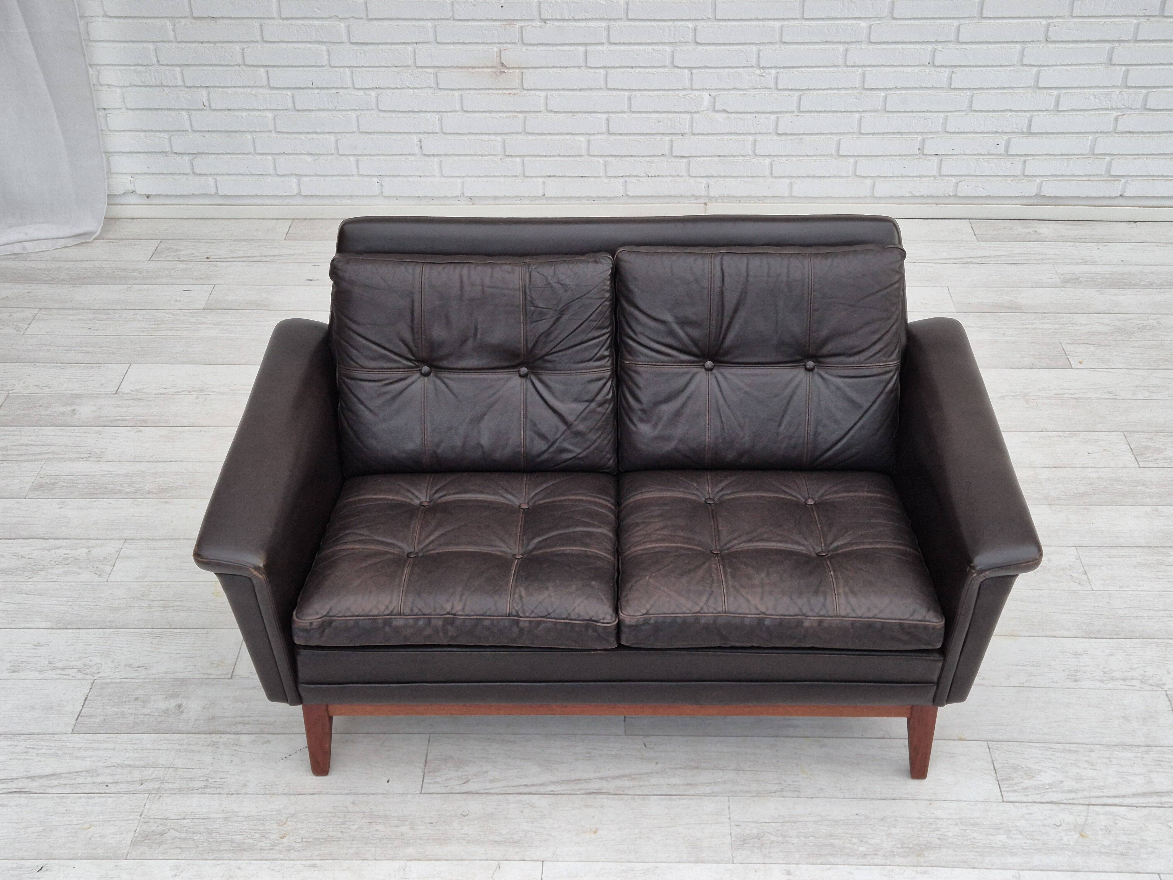 1970s, Danish 2 seater sofa, original condition, furniture leather, solid teak wood.