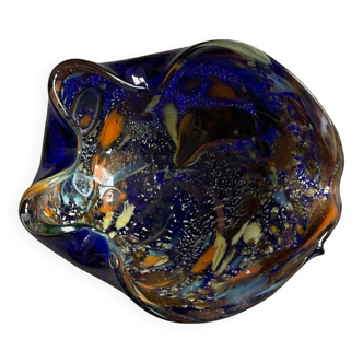 Dark blue Venetian glass ashtray with sulfurized multicolored decoration