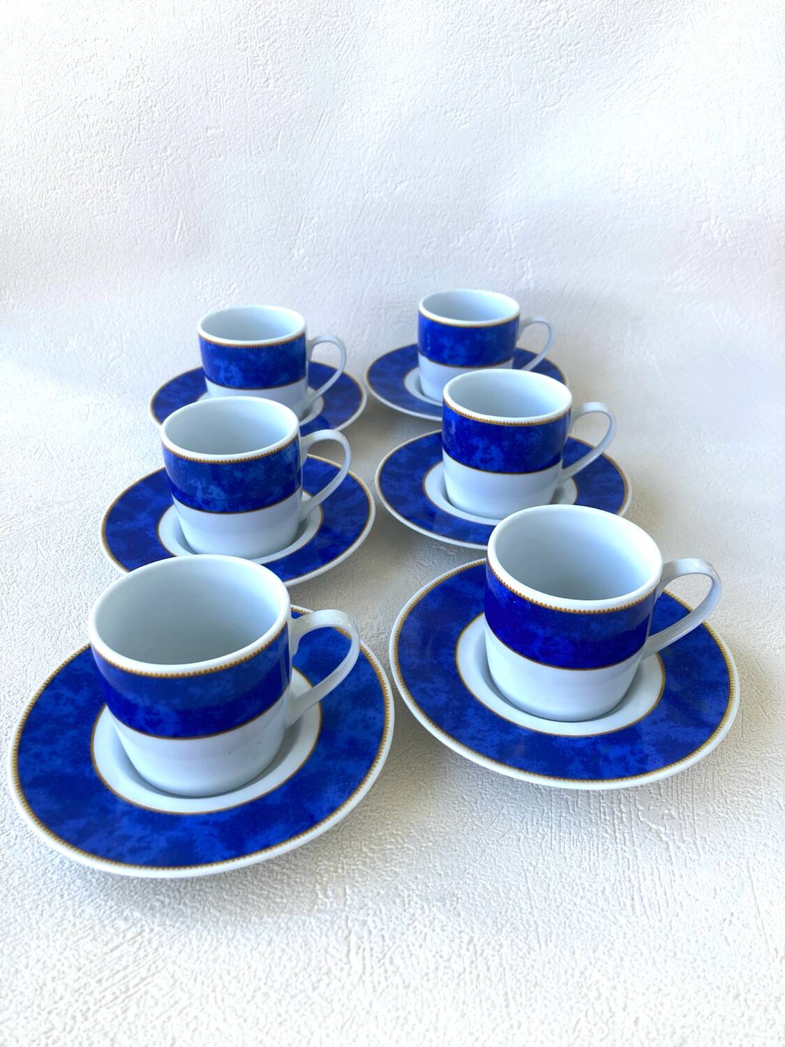 6 Genevieve Lethu Blue and White Coffee Cups and Saucers