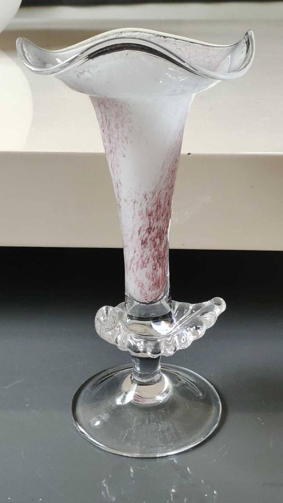 Peter Kaspar Soliflore Vase/Floral design, collared neck. Blown art glass, speckled purple. Shell inclusion. Dim 26.5 x 13 cm