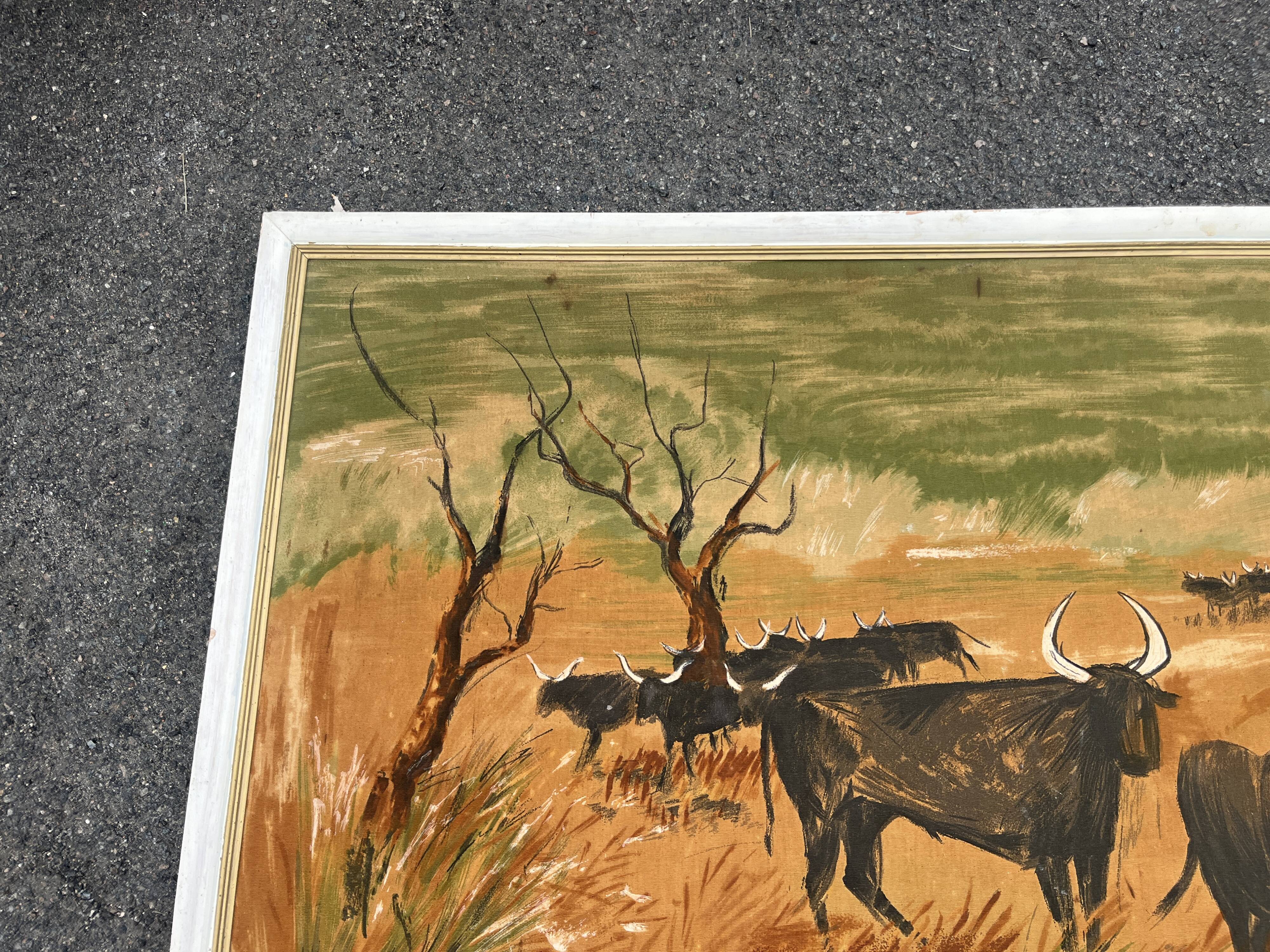 Large old painting signed K. Chamby - Scene of bulls / manade in Camargue