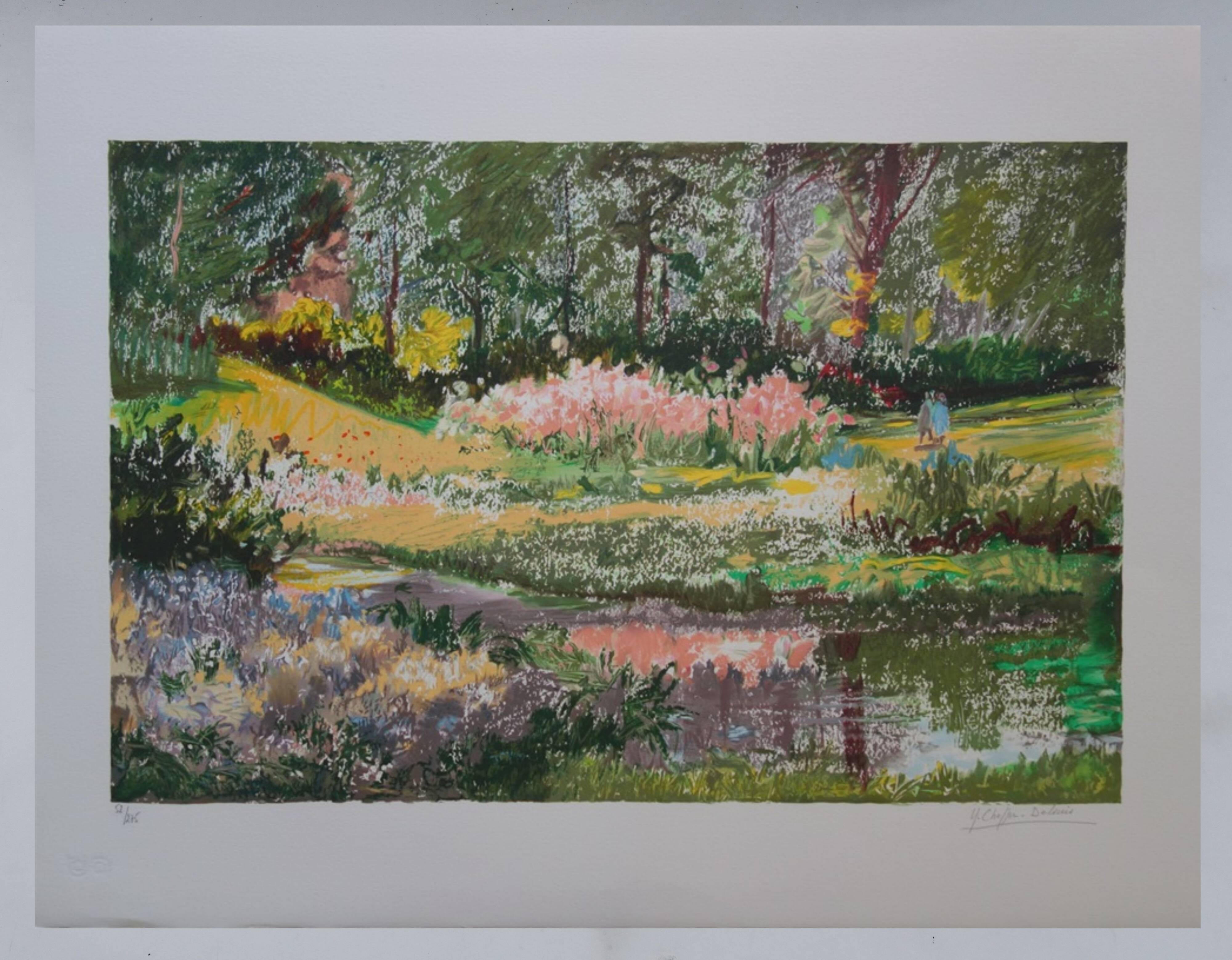 Yvonne Cheffer Delouis: Pink irises by the lake, original signed lithograph.