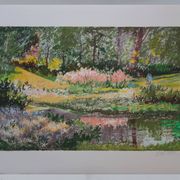 Yvonne Cheffer Delouis: Pink irises by the lake, original signed lithograph.
