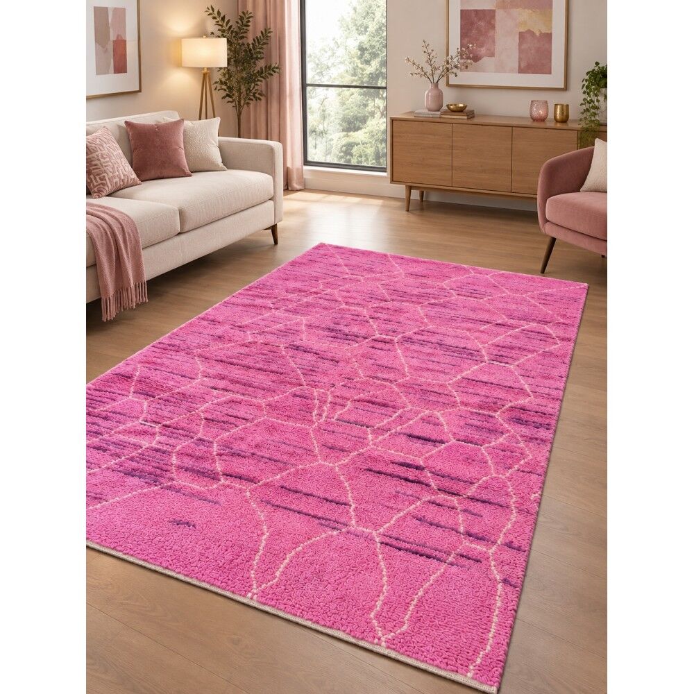 Handknotted Moroccan Design Pink Tulu Rug. 100% Wool. Modern Turkish Carpet