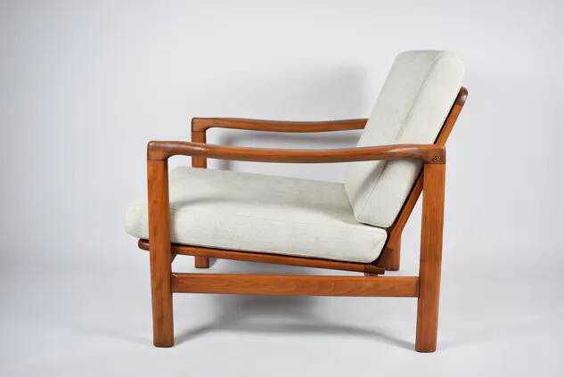 Scandinavian armchair in teak and cream fabric by Baczyk, 1960s, restored.