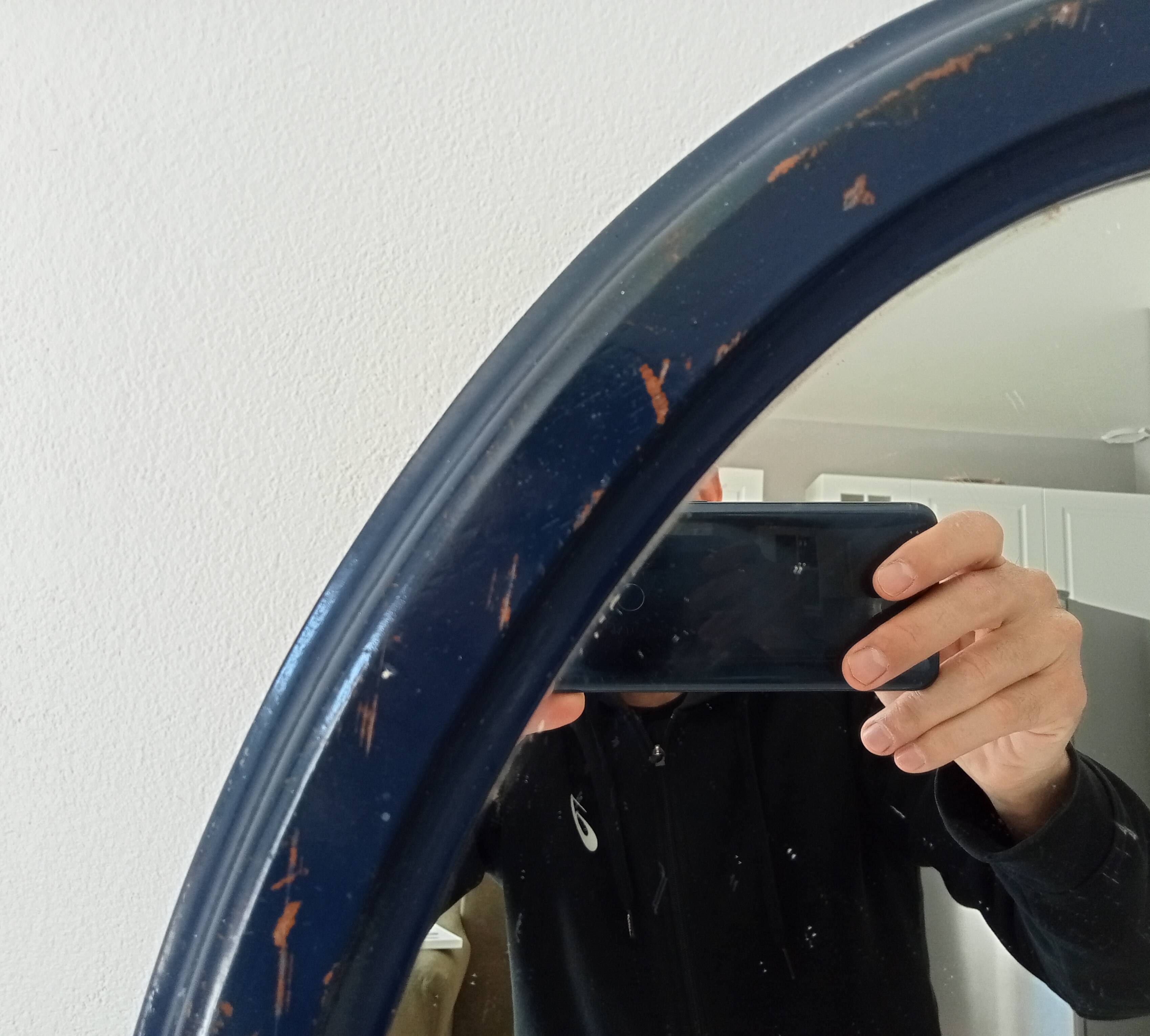 Vintage oval mirror in petrol blue wood