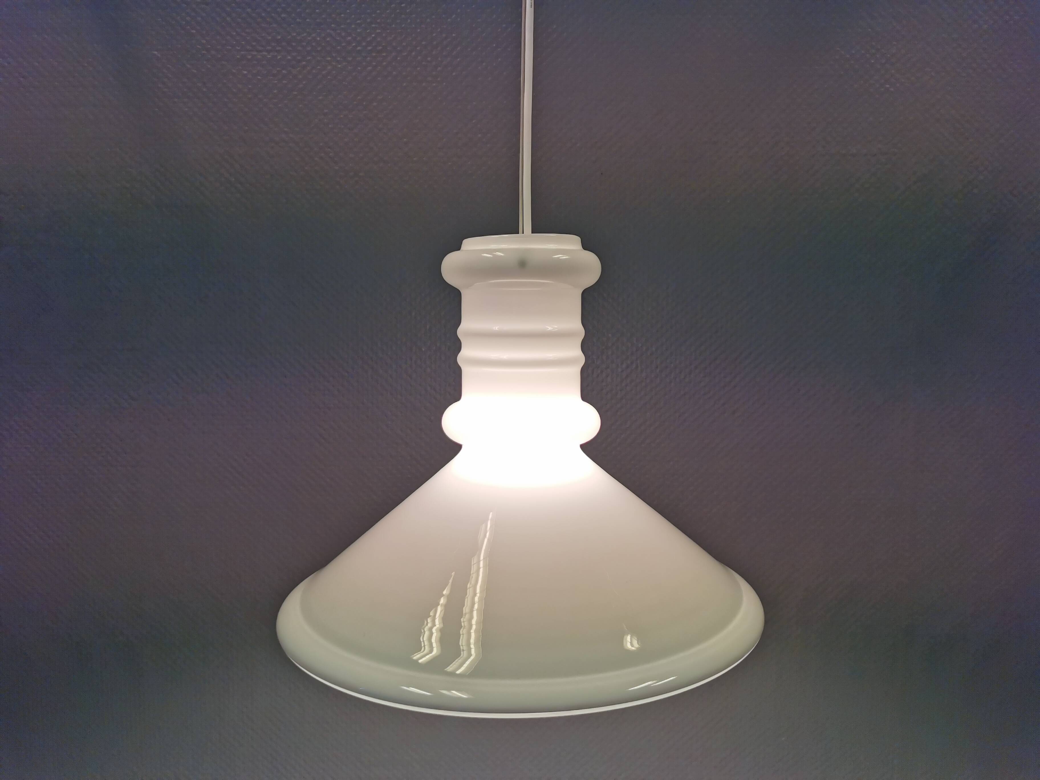 Royal Copenhan hanging lamp in double layer white opal glass. 1980s Denmark.