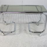 "Space age" coffee table, tubular steel, smoked glass, France, 1970s