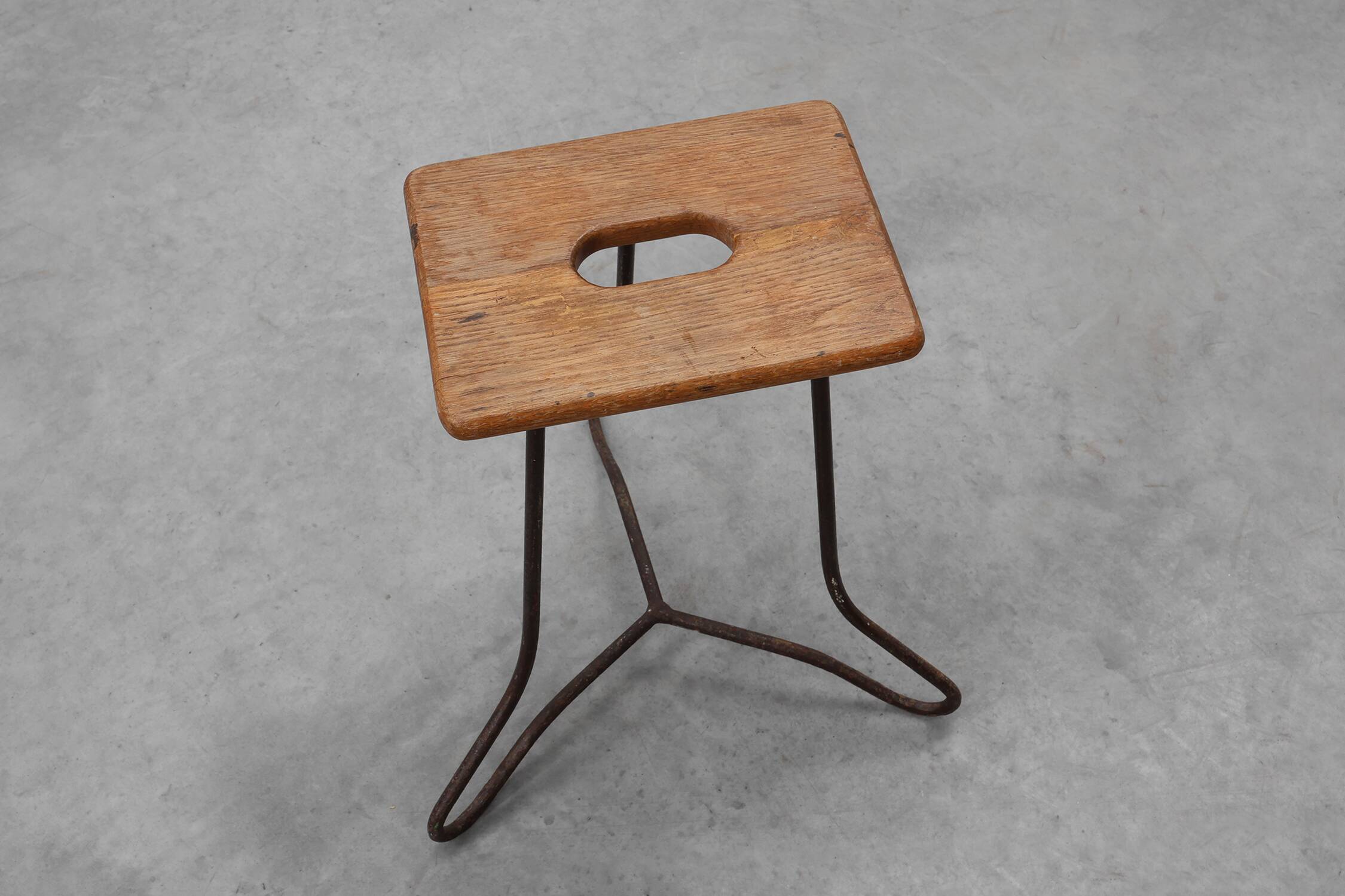 Modernist Industrial Iron and Oak Split Slats Stool, France ca. 1910