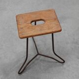 Modernist Industrial Iron and Oak Split Slats Stool, France ca. 1910