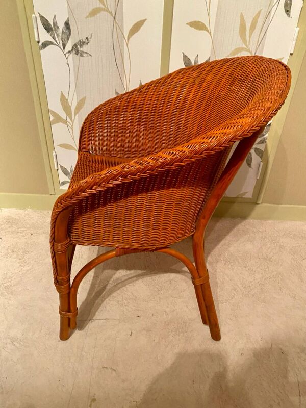 Fauteuil ''Tonneau'' Vintage en Osier Tressé - Années 70