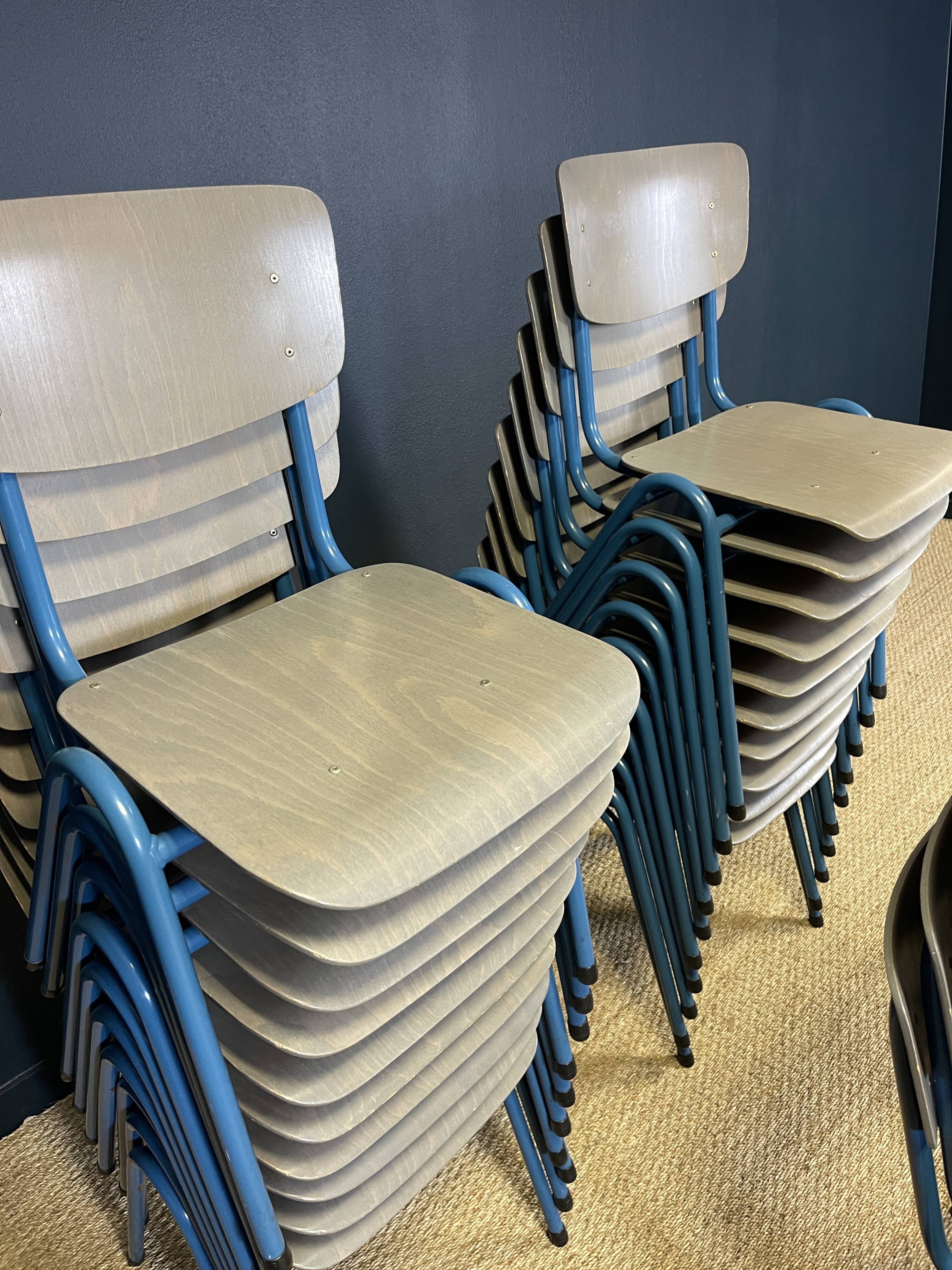 Lot of 25 gray wood school chairs with blue feet Netherlands 70s/80s