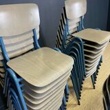 Lot of 25 gray wood school chairs with blue feet Netherlands 70s/80s