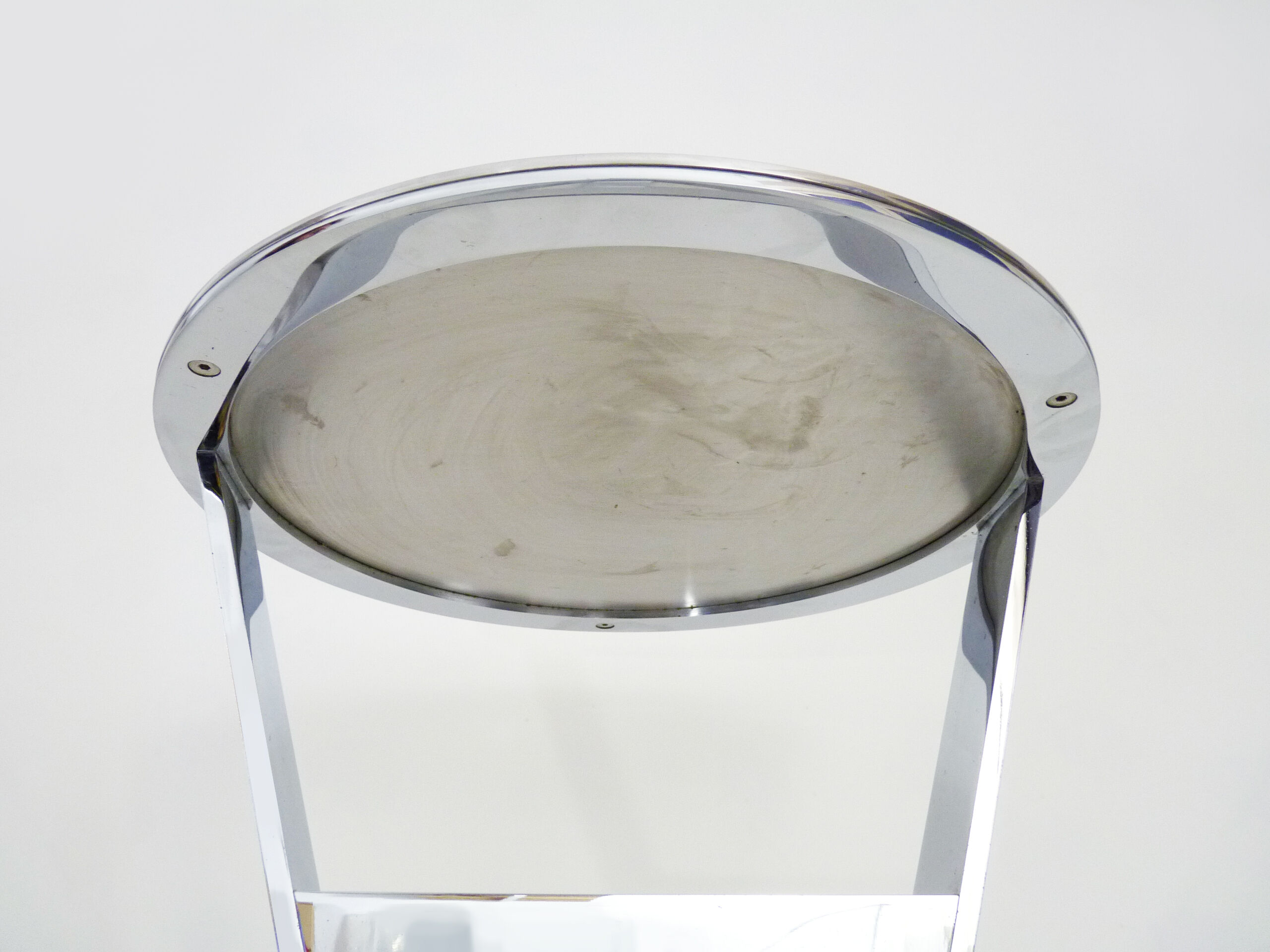 Prototype pedestal table, stool, sofa end, chrome metal and stainless steel German design