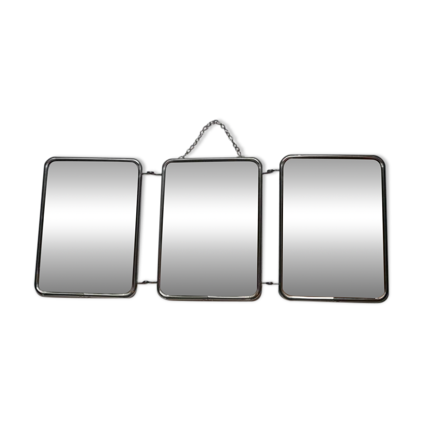 Barber mirror triptych chrome metal imitation cream leather vintage chain