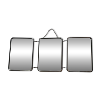 Miroir de barbier triptyque métal chromé simili cuir crème chaînette vintage
