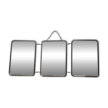 Barber mirror triptych chrome metal imitation cream leather vintage chain