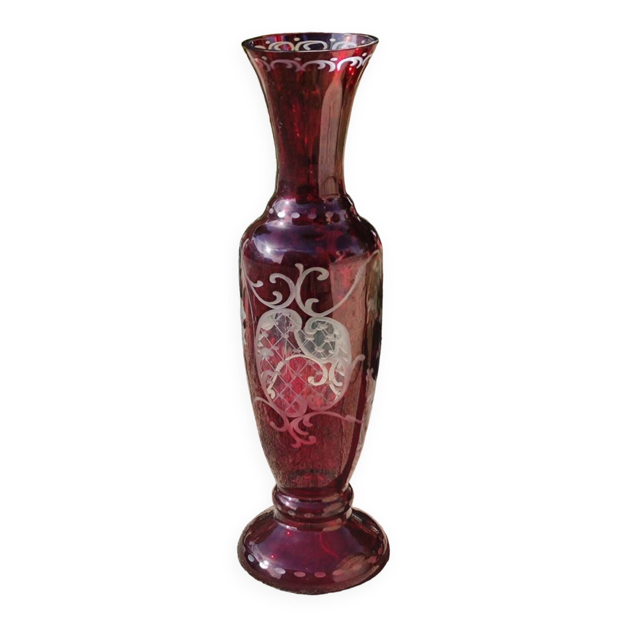 Old engraved red crystal vase