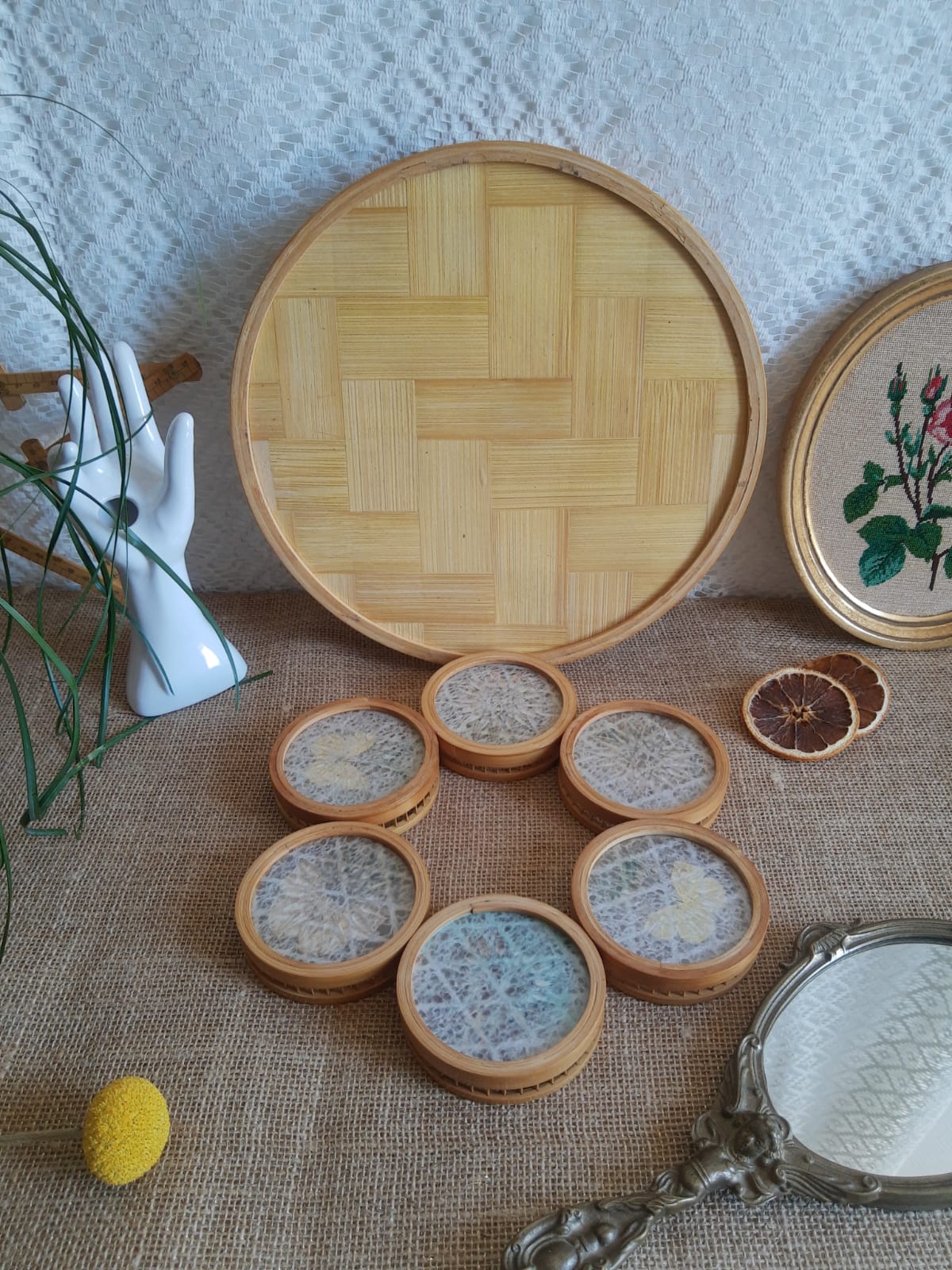 Set tray and 6 under glass bamboo vintage butterflies