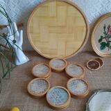 Set tray and 6 under glass bamboo vintage butterflies