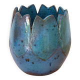 Pot de fleurs en céramique bleu avec motif tulipe, pièce de poterie d'atelier vintage