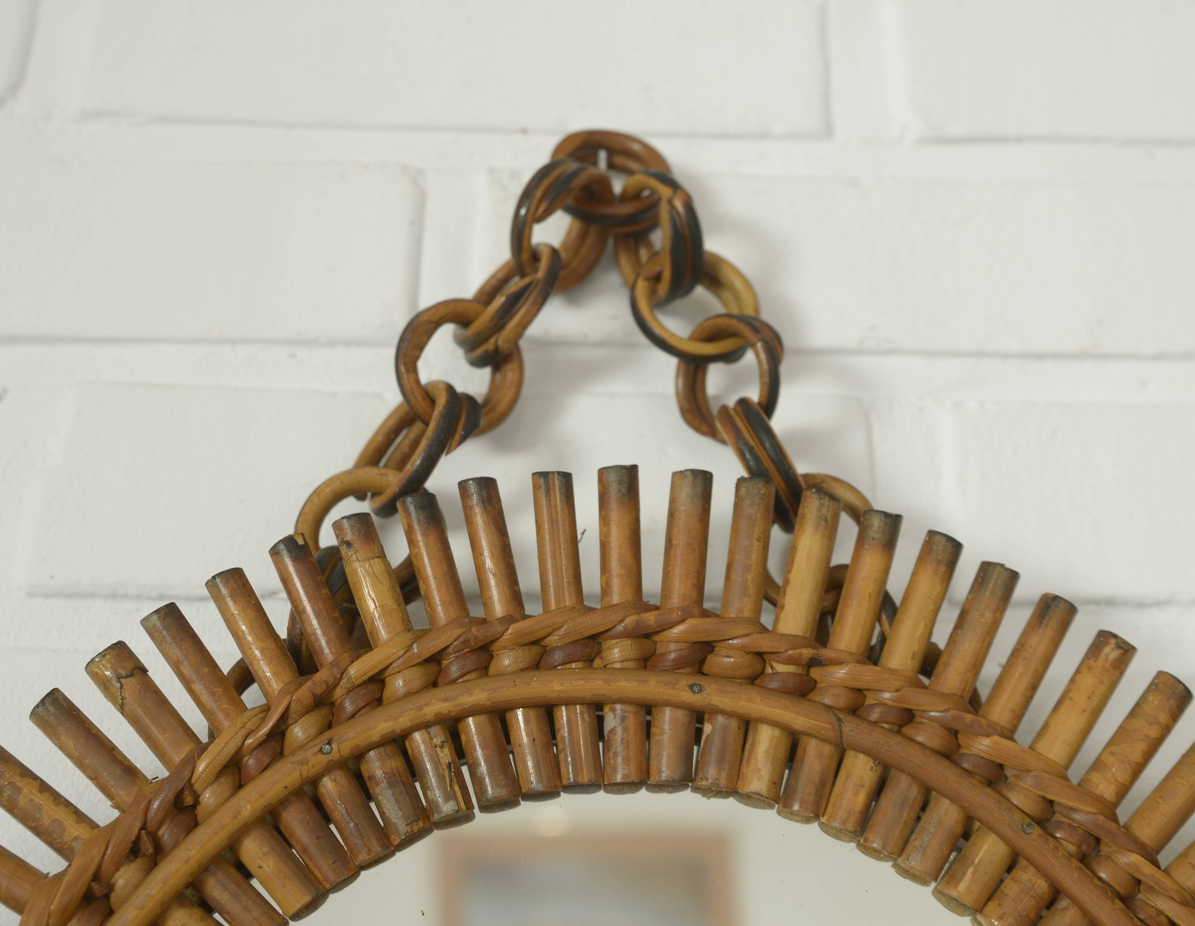 Vintage Bamboo Sunburst Wall Mirror / Mid Century Boho Decor 1970's