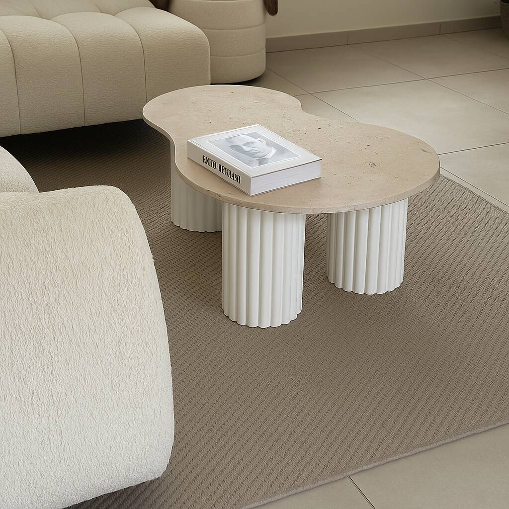 "Pear" coffee table in travertine and fluted wood | white oak | 3 legs