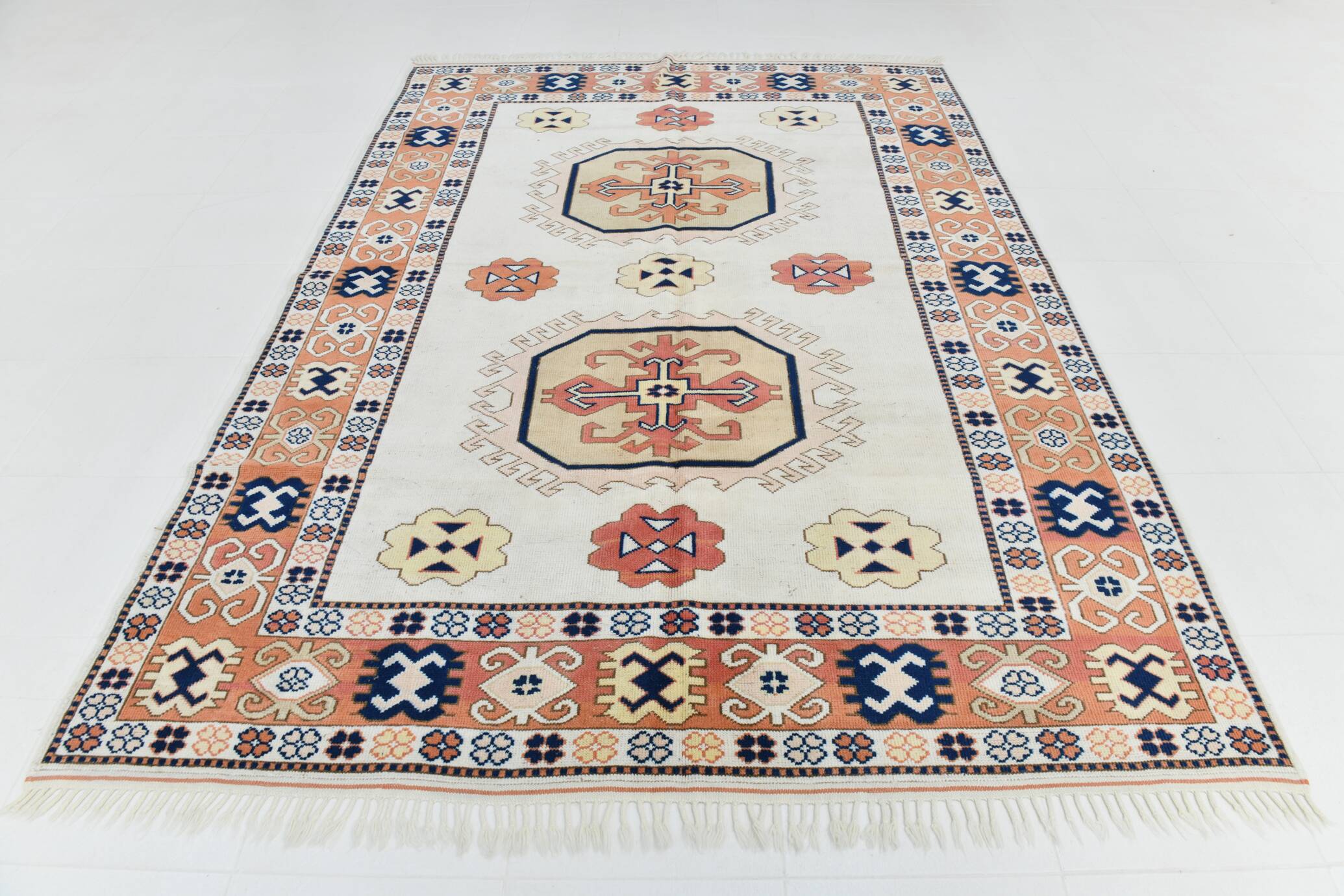 Beige & Pumpkin Orange Antique Vintage Rug Made in Anatolian, 202x284 Cm