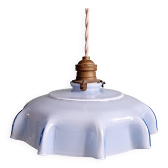Art Deco pendant light in scalloped blue/mauve opaline glass