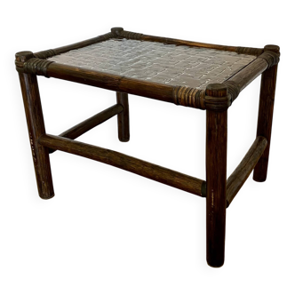 Table d'Appoint Bambou Rotin Verre Fumé Années 1970, Table Basse Rotin Verre Fumé
