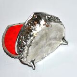 Vintage heart jewel box in silver metal and red felt box