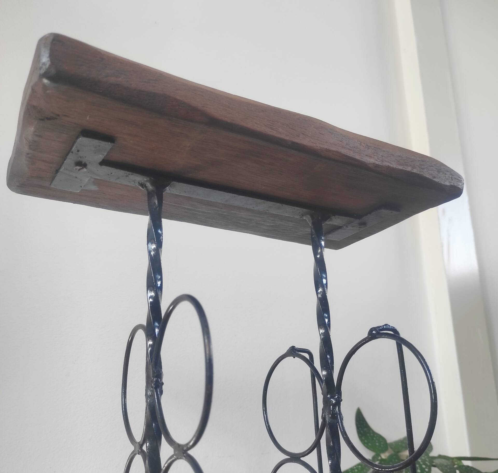 Side table, brutalist bottle holder in wrought iron and solid wood.