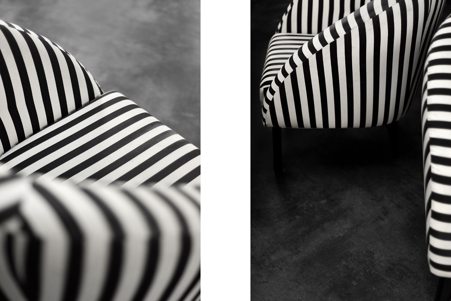 Mid-century modern Scandinavian rounded armchairs with black and white stripes, 1960s.