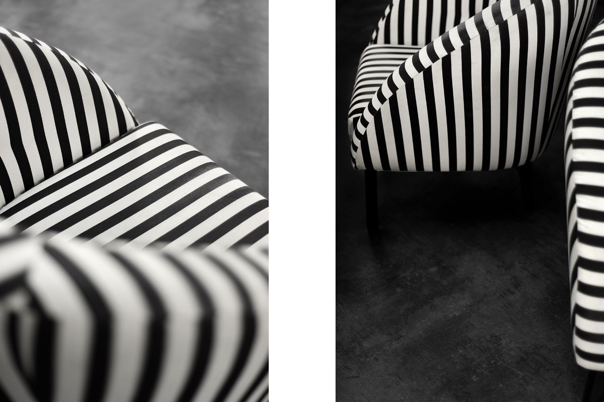 Mid-century modern Scandinavian rounded armchairs with black and white stripes, 1960s.